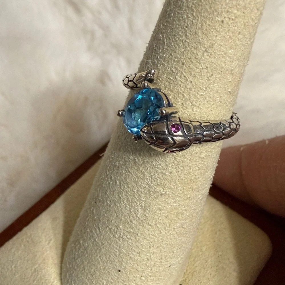Sterling Silver Blue Topaz Snake Ring, Adjustable - Picture 7 of 9
